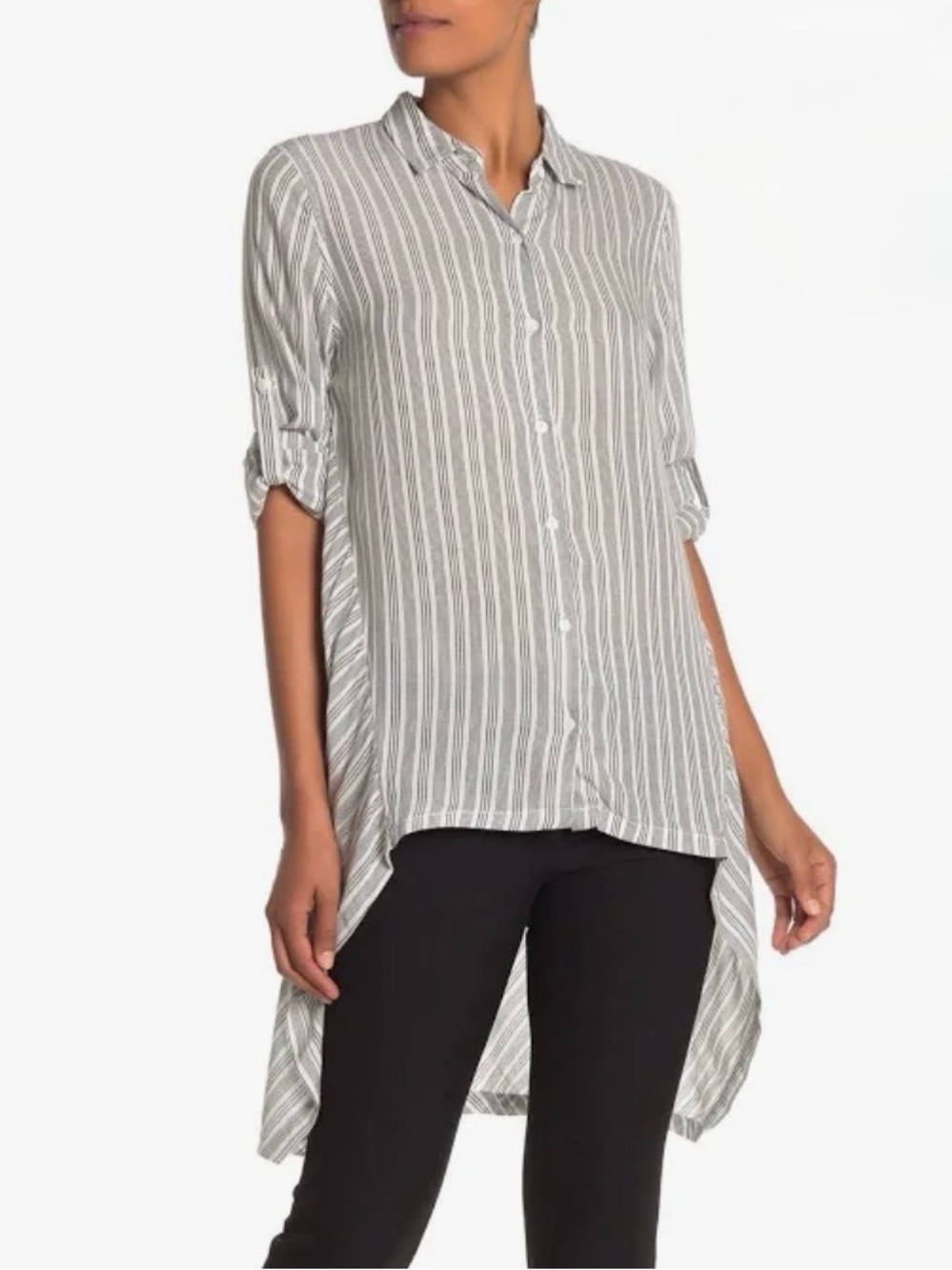 Max Studio Striped High-Low Button-Up Shirt - Black & White